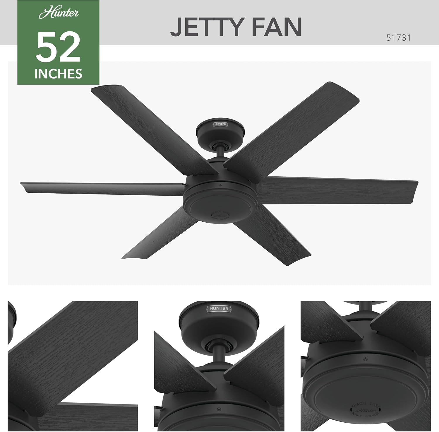 Hunter 52 inch Jetty Matte Black Wet Rated Ceiling Fan and Wall Control