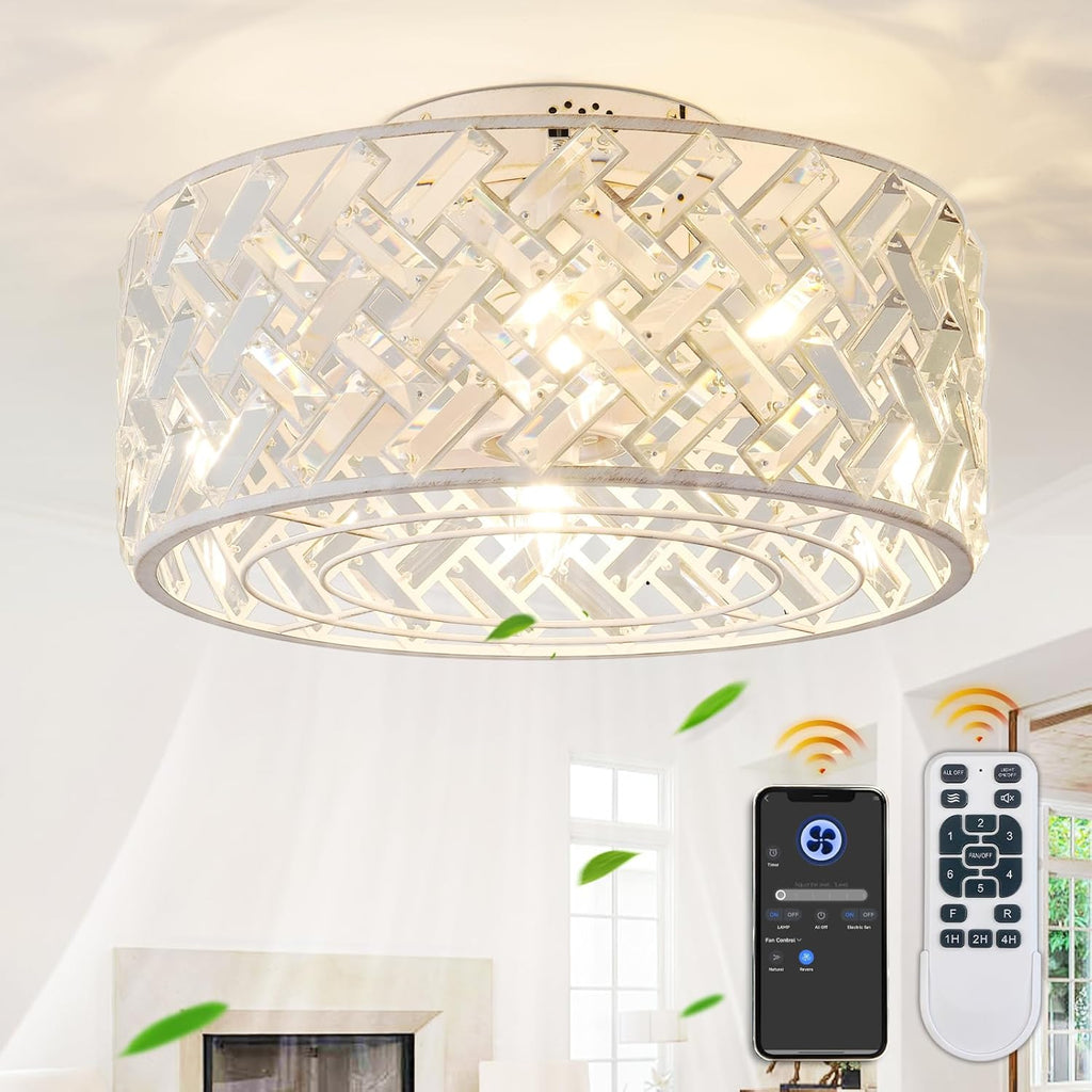18 Inch Caged Ceiling Fan with Light and Remote, Rustic White Flush Mount Fandelier Ceiling Fan with Remote & App Control, Quiet DC Motor Low Profile Crystal Ceiling Fan for Bedroom, Kitchen
