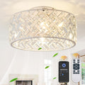18 Inch Caged Ceiling Fan with Light and Remote, Rustic White Flush Mount Fandelier Ceiling Fan with Remote & App Control, Quiet DC Motor Low Profile Crystal Ceiling Fan for Bedroom, Kitchen