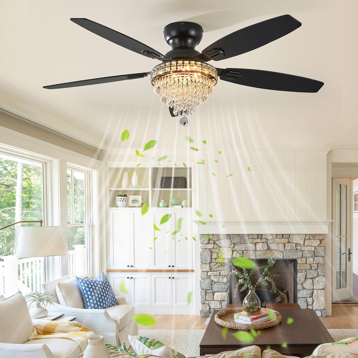 Crystal Ceiling Fan Fandelier with Lights-Ceiling Fans with Lights,54' Low Profile and Remote Control, Flush Mount, Reversible, Dimmable, Noiseless, Black Ceiling Fan for Bedroom