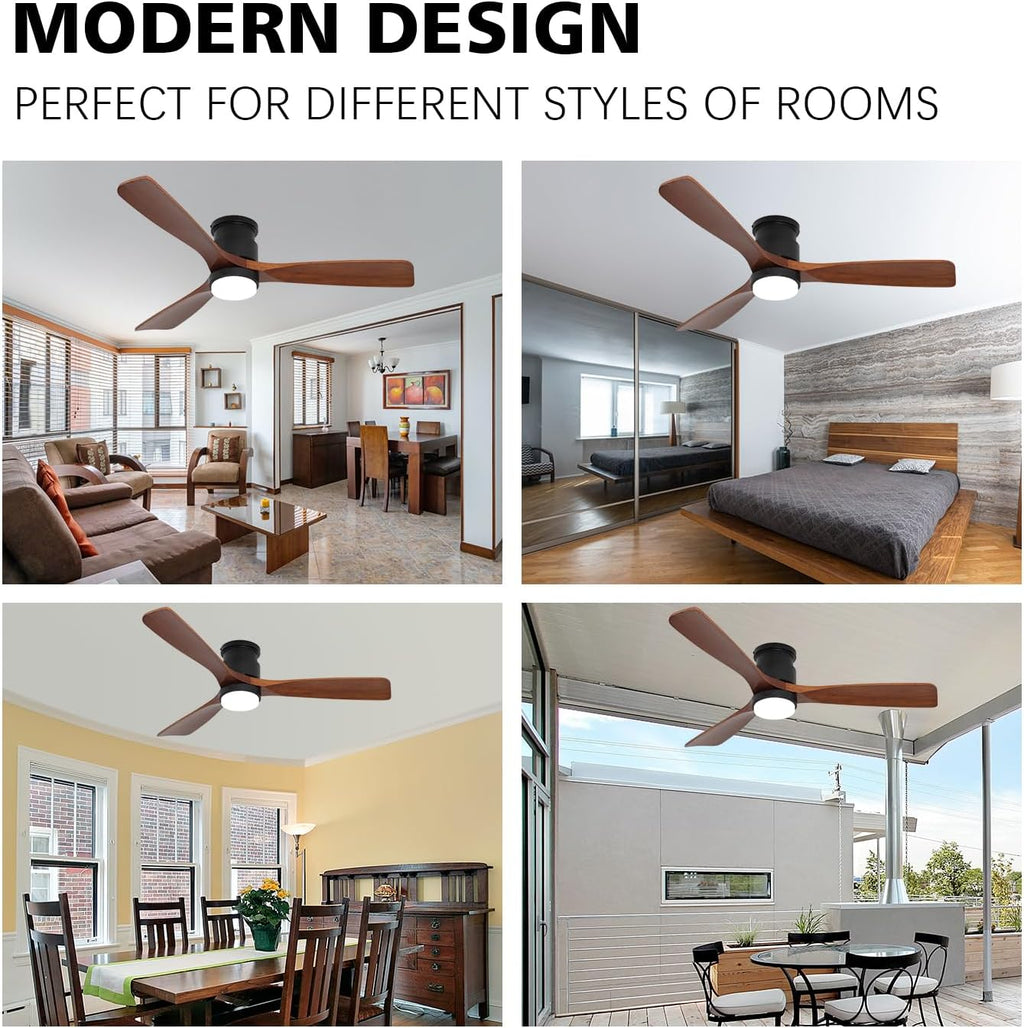 52' Ceiling Fans Flush Mount with Lights and Remote Control, Dark Brown Solid Wood Ceiling Fans for Indoor Outdoor Farmhouse, Timing 6 Speeds 3 Color Light with Memory Lighting