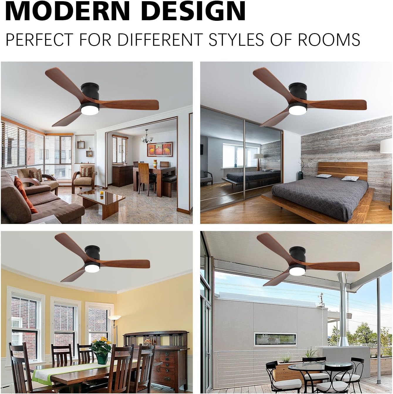 52' Ceiling Fans Flush Mount with Lights and Remote Control, Dark Brown Solid Wood Ceiling Fans for Indoor Outdoor Farmhouse, Timing 6 Speeds 3 Color Light with Memory Lighting