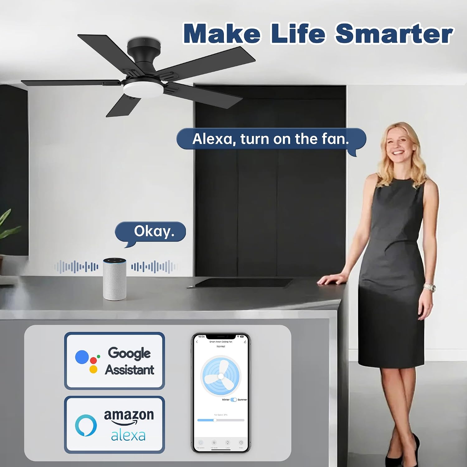 42' Smart Low Profile Ceiling Fan with Lights Remote,6 speed Quite DC Motor,WIFI Voice Control via Alexa App,Dimmable LED,Outdoor Indoor Flush Mount Fans for Small Bedroom Patio Porch,Black&Walnut