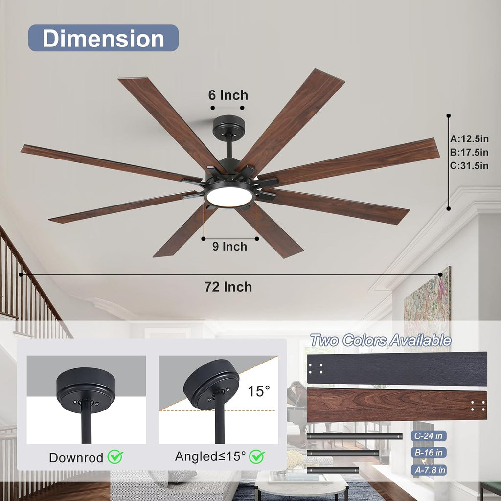 72 Inch Large Ceiling Fans with Lights and Remote Industrial Black Modern Ceiling Fans for Patios Living Room Garage Shop Indoor/Outdoor 6 Speed Reversible Quiet DC Motor, 3 CCT, Dual Finish 8 Blades