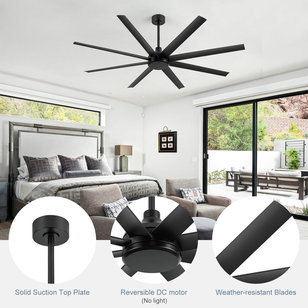 65 Inch Ceiling Fan No Light, Modern Ceiling Fan with Remote Control, Quite DC Motor 8 Reversible Blades Indoor Outdoor Industrial Ceiling Fan without Light For Living Room Bedroom Patio Garage-Black