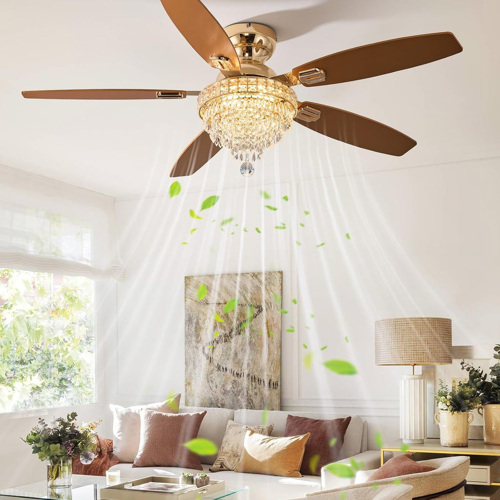 Crystal Ceiling Fan Fandelier with Lights-Ceiling Fans with Lights,54' Low Profile and Remote Control, Flush Mount, Reversible, Dimmable, Noiseless,Gold Ceiling Fan for Bedroom