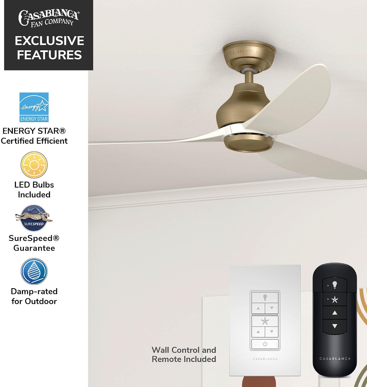 Casablanca - Eyla Indoor/Outdoor Ceiling Fan, 52-inch, 6-speed DC Motor, Energy Star, for porches, patios, sunrooms, bathrooms (Luxe Gold)
