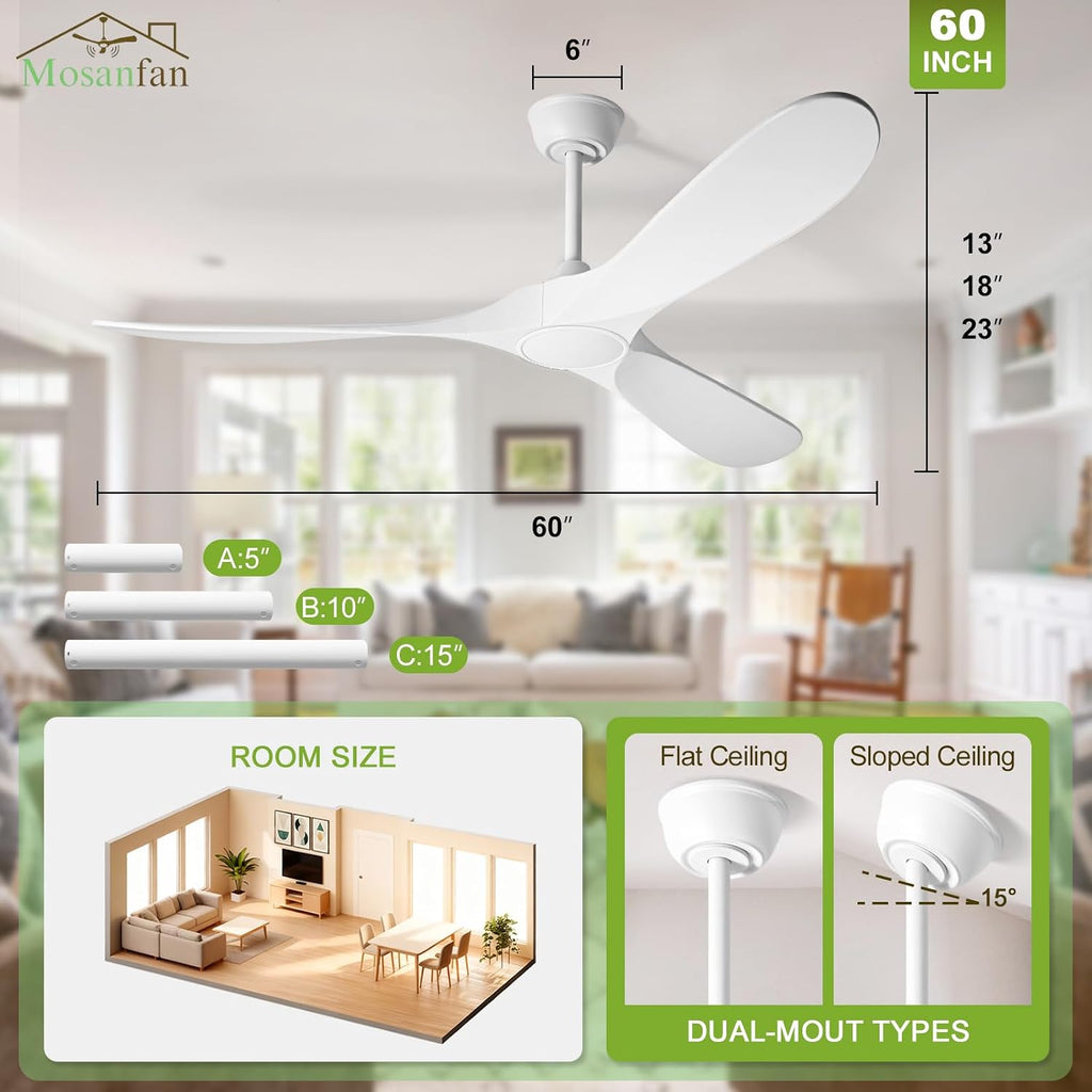 60'' Ceiling Fans with Lights and Remote, Wood Outdoor Ceiling Fan with 6 Speed Noiseless DC Motor, Indoor Modern 3 Blade Propeller Ceiling Fan for Bedroom Living Room Gazebo Patio (White)
