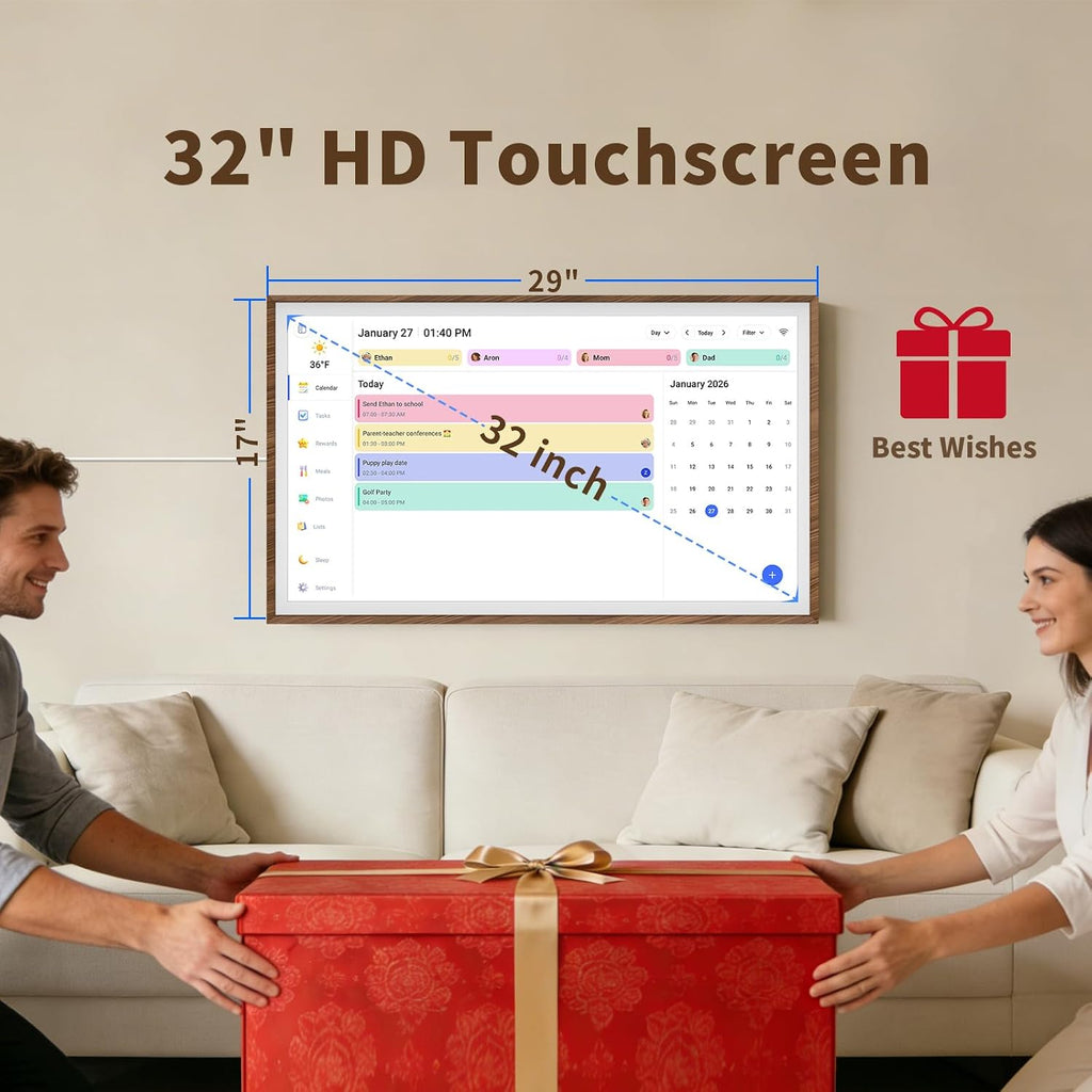 32 Inch Digital Calendar Chore Chart with Touchscreen - Full HD Interactive Display, Wall & Desk Mountable Family Planner, to-Do List & Meal Planner, Digital Picture Frame Gifts for Women Mom
