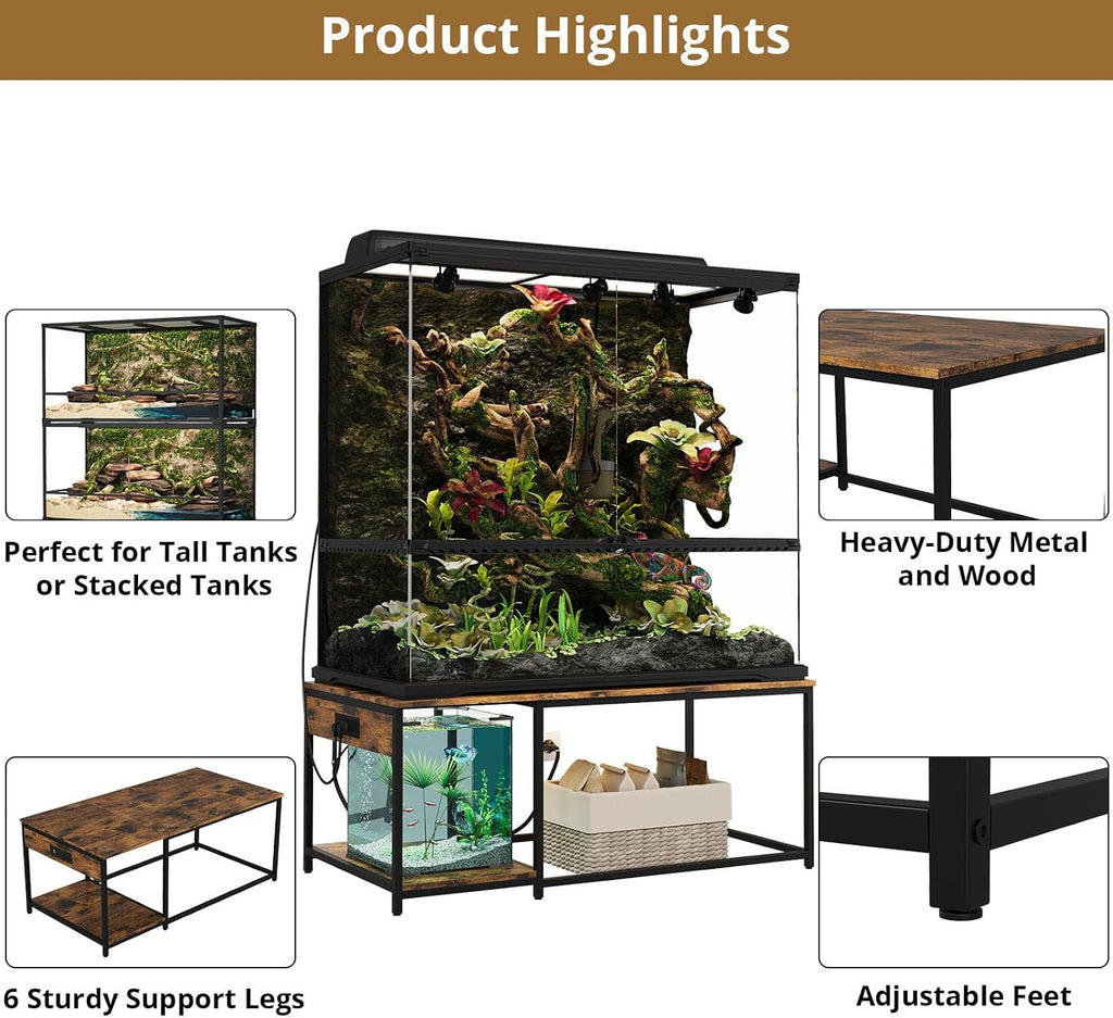 4x2x2 Reptile Enclosure Stand – 48'x24' Tall Reptile Tank Stand for 120 Gallon Aquarium Stand, Bearded Dragon Cage, Snake Enclosure & Stackable Terrarium with LED Light (Only the bottom stand)