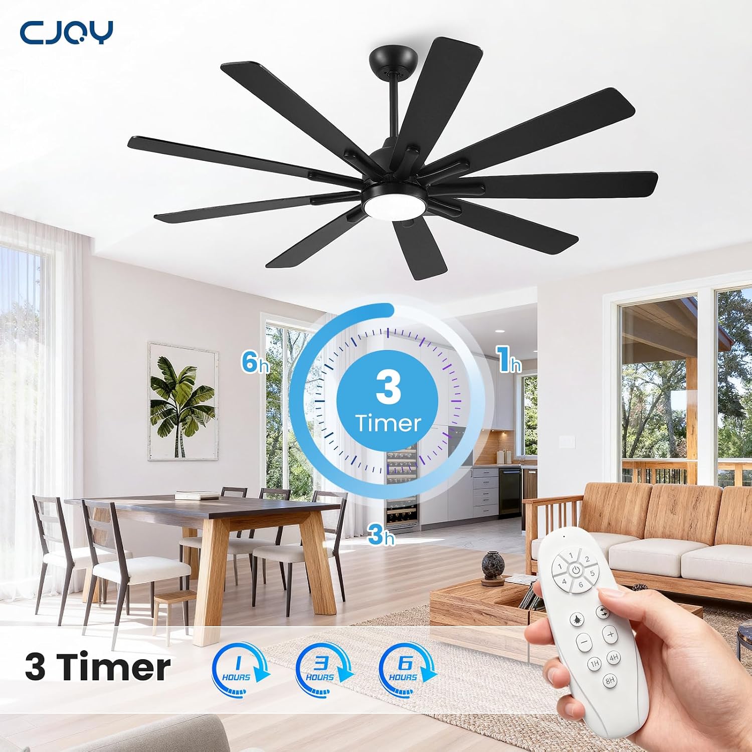 62 Inch Ceiling Fan with Light，Indoor/Outdoor Black Large Ceiling Fans with Lights and Remote for Kitchen Living Room Patio, 9 Blade Reversible Quiet DC Motor,6 Speeds,3 CCT(Dual Finish )