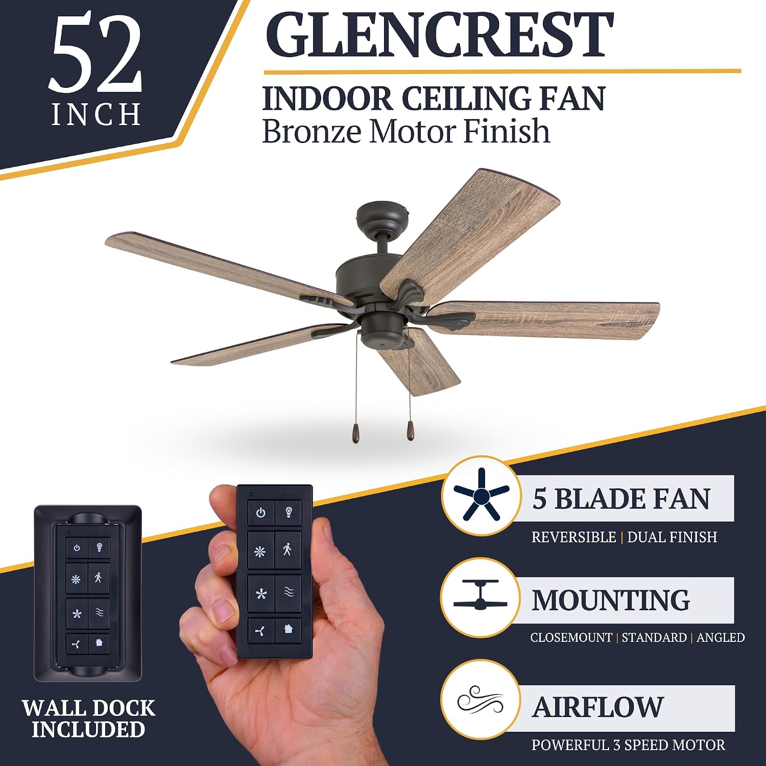 Prominence Home Glencrest, 52 Inch Farmhouse Ceiling Fan with No Light, Remote Control, Three Mounting Options, 5 Dual Finish Blades, Reversible Motor - 50682-01 (Bronze)