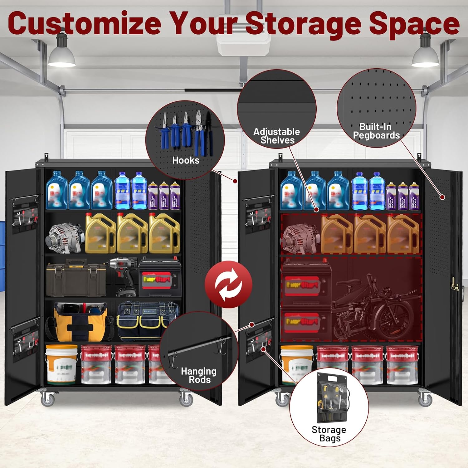 Tall & Wide Metal Garage Storage Cabinet with 4 Adjustable Shelves, 43''W x 22''D x 72''H with Wheels & Pegboards, Heavy Duty Lockable Garage Cabinet for Warehouse, Basement, Office, Gym