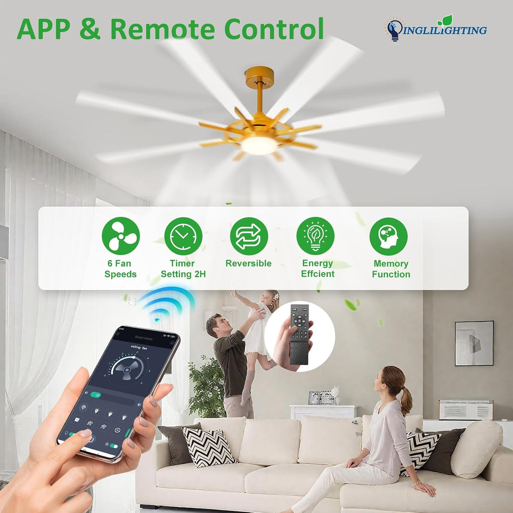 DLLT 66-Inch Ceiling Fan with Light: Farmhouse 8-Blade Bronze White Indoor Outdoor Fans with Remote App Control Dimmable Light - Ultra Quiet DC Motor Reversible 6 Speed Timer