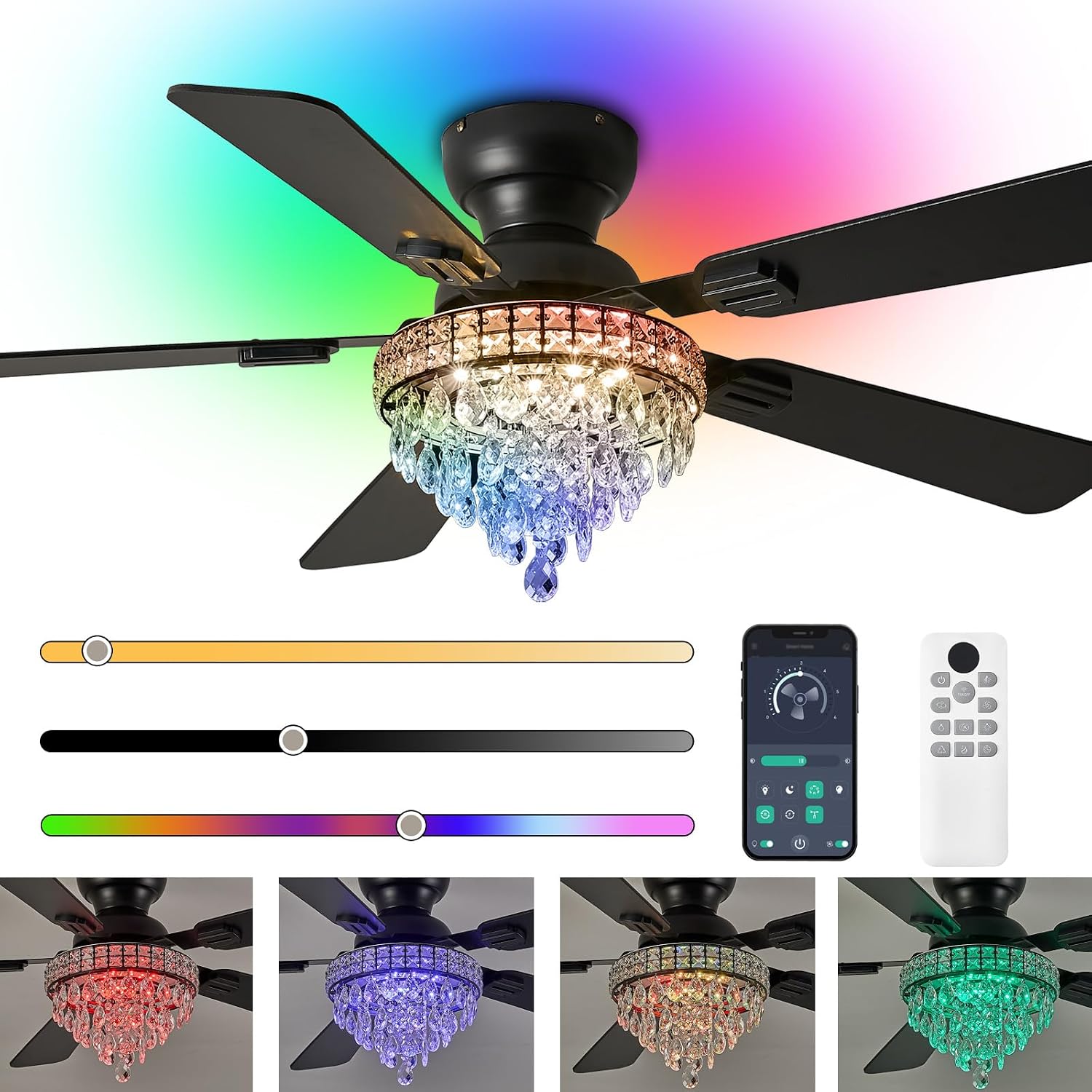 52' Crystal Ceiling Fans with RGB Lights, Remote/App Control, Modern Fandelier Ceiling Fan Flush Mount, Reversible DC Motor, Dimmable, Bedroom Chandelier Fan, (Black)
