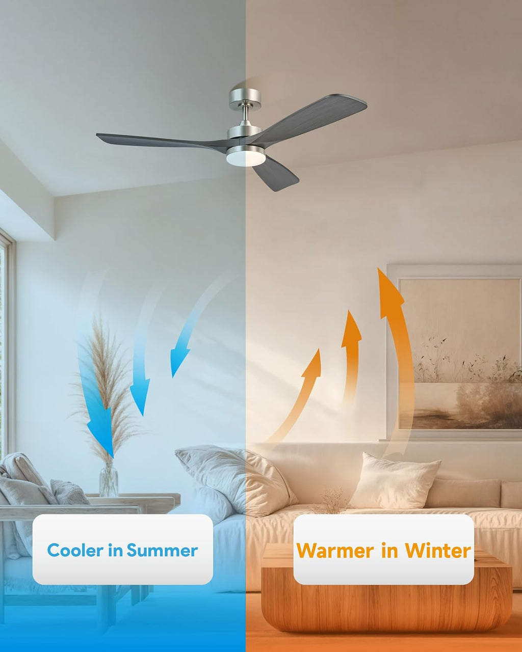 VONLUCE Wood Ceiling Fan with Lights, 52 Inch Ceiling Fan and Remote, 6 Speed Reversible Noiseless DC Motor, 3CCT, Solid Wood Outdoor Ceiling Fan for Patios Farmhouse, Grey