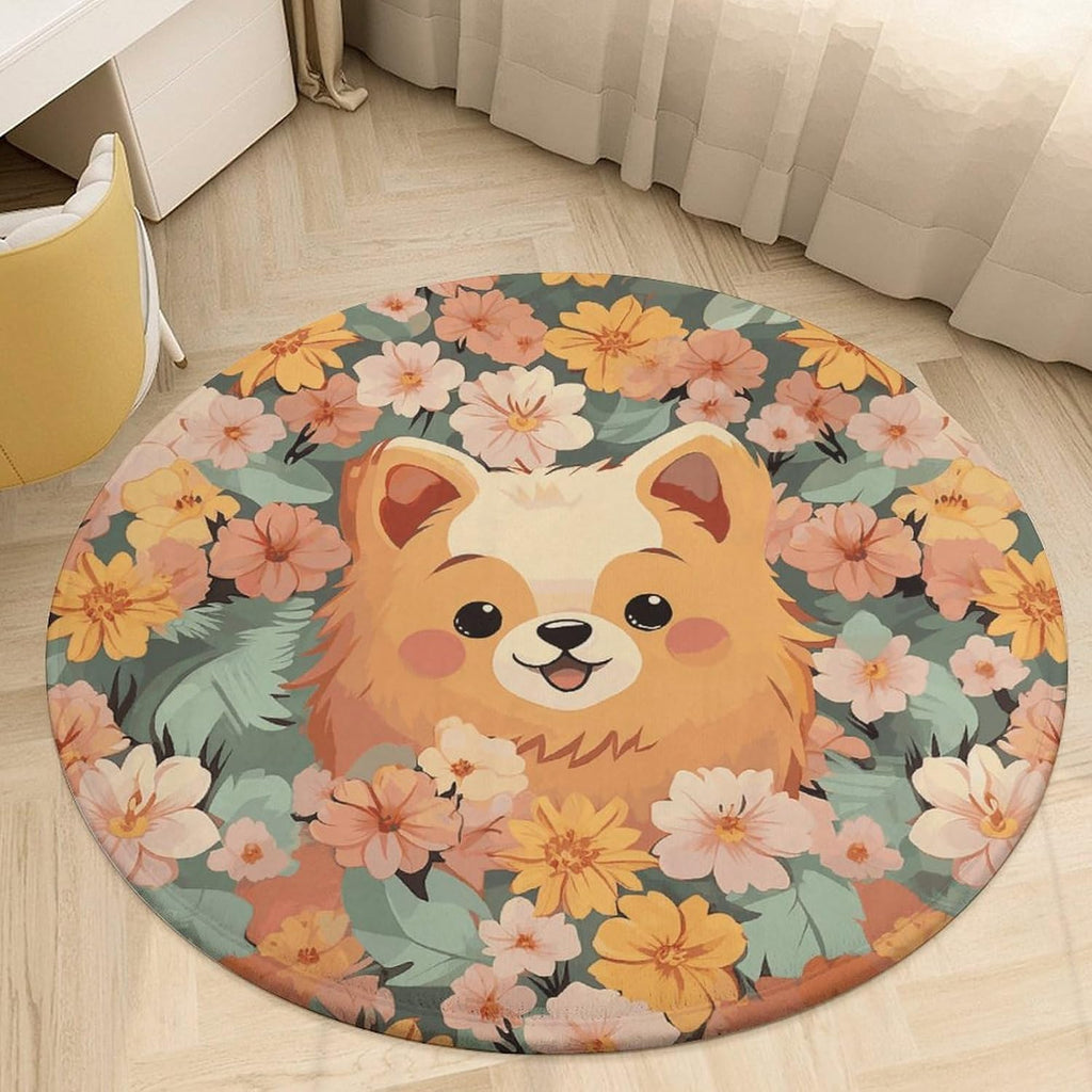Pomeranians Cartoon Flowers Coral Velvet Round Floor Mat Non-Slip Bath Rug Floor Covering for Bathroom Vanity Guest Suite & Vacation Home