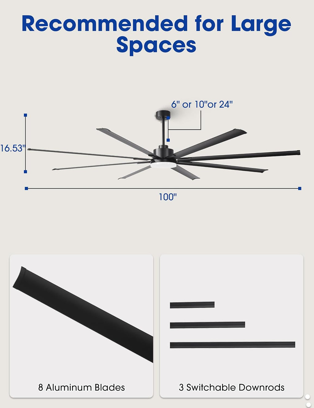 100 Inch Ceiling Fans with Lights and Remote, Black Large Ceiling Fan with Dimmable LED & 3CCT, Reversible DC Motor, Outdoor Ceiling Fans for Patios Shop Garage Living Room Commercial Spaces