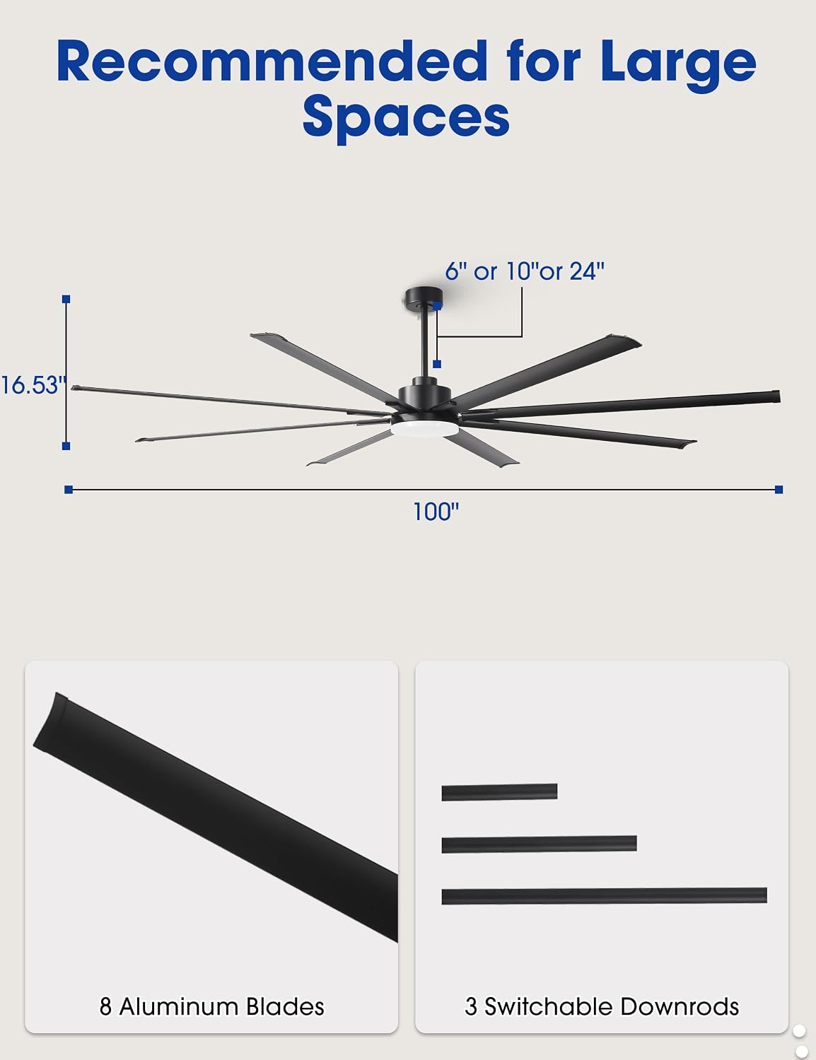 100 Inch Ceiling Fans with Lights and Remote, Black Large Ceiling Fan with Dimmable LED & 3CCT, Reversible DC Motor, Outdoor Ceiling Fans for Patios Shop Garage Living Room Commercial Spaces