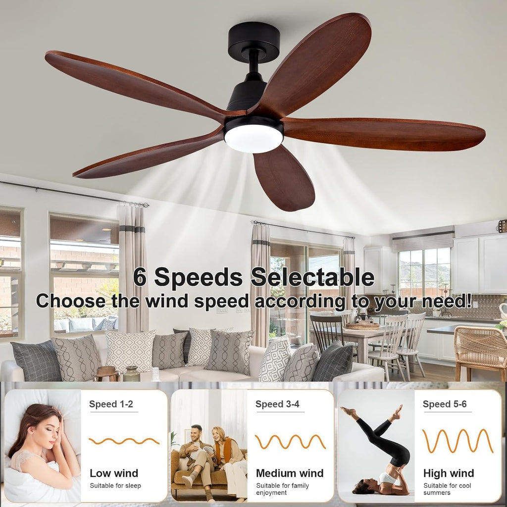 52 Inch Ceiling Fans with Lights and Remote, Modern Wood Ceiling Fan with Light, Indoor Outdoor Ceiling Fan for Patio Bedroom, Dimmable, Reversible DC Motor, Memory Function (Black Walnut)