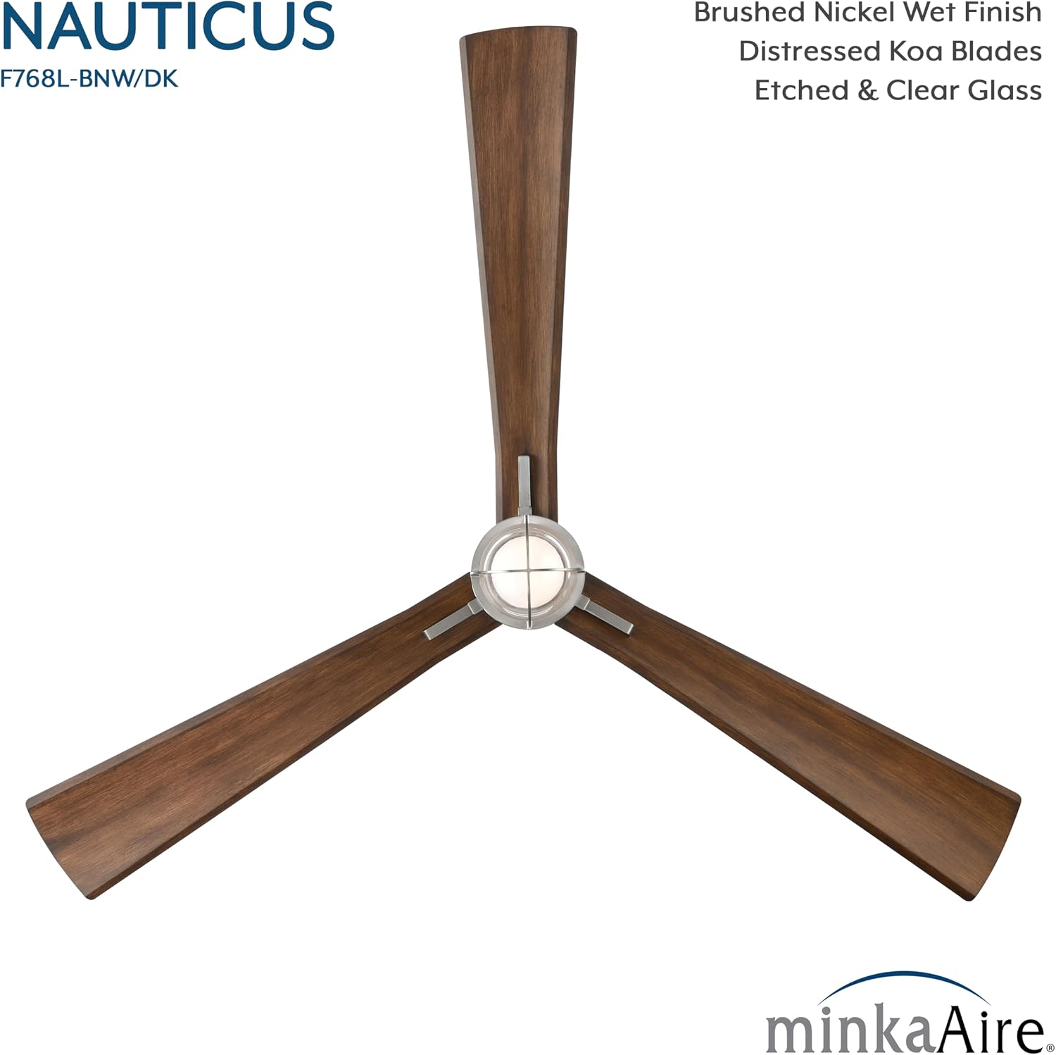 MINKA-AIRE F768L-BNW/DK Nauticus 65' 3-Blade LED Smart Indoor/Outdoor Ceiling Fan in Brushed Nickel Wet and Distressed Koa Blades with Clear Glass