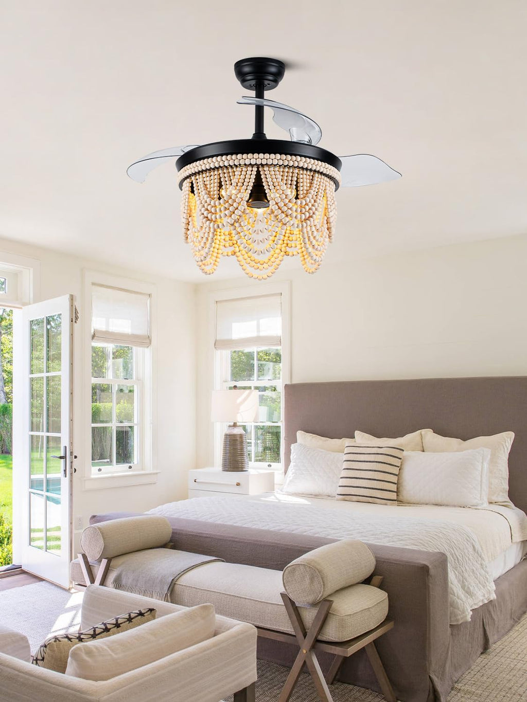 42 Inch Boho Retractable Ceiling Fan with Lights Boho Fandelier Ceiling Fan Wood Beaded Coastal Chandelier, 6 Speeds Reversible Quiet DC Motor 3 E26 for Bedroom Living Room