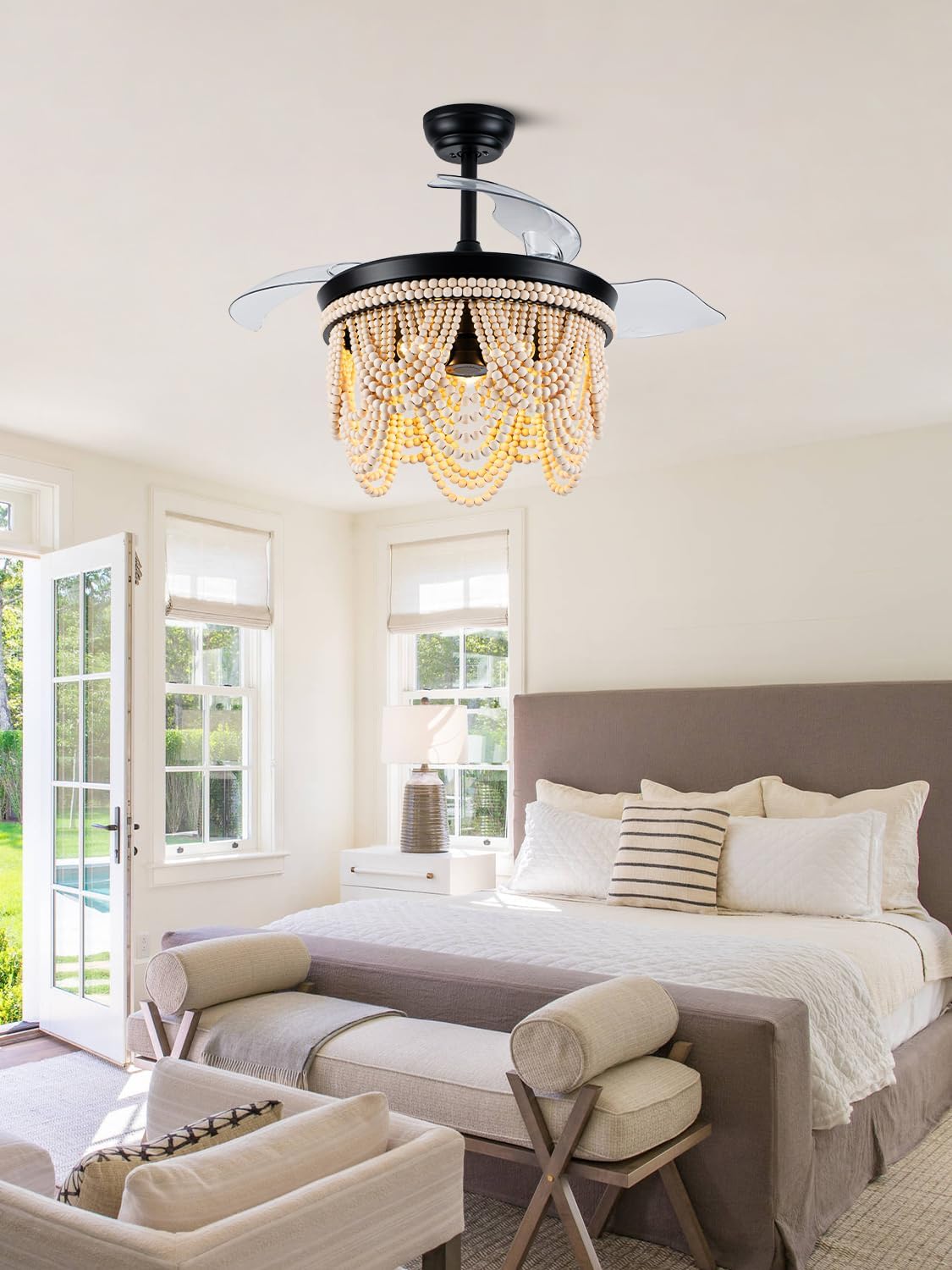 42 Inch Boho Retractable Ceiling Fan with Lights Boho Fandelier Ceiling Fan Wood Beaded Coastal Chandelier, 6 Speeds Reversible Quiet DC Motor 3 E26 for Bedroom Living Room