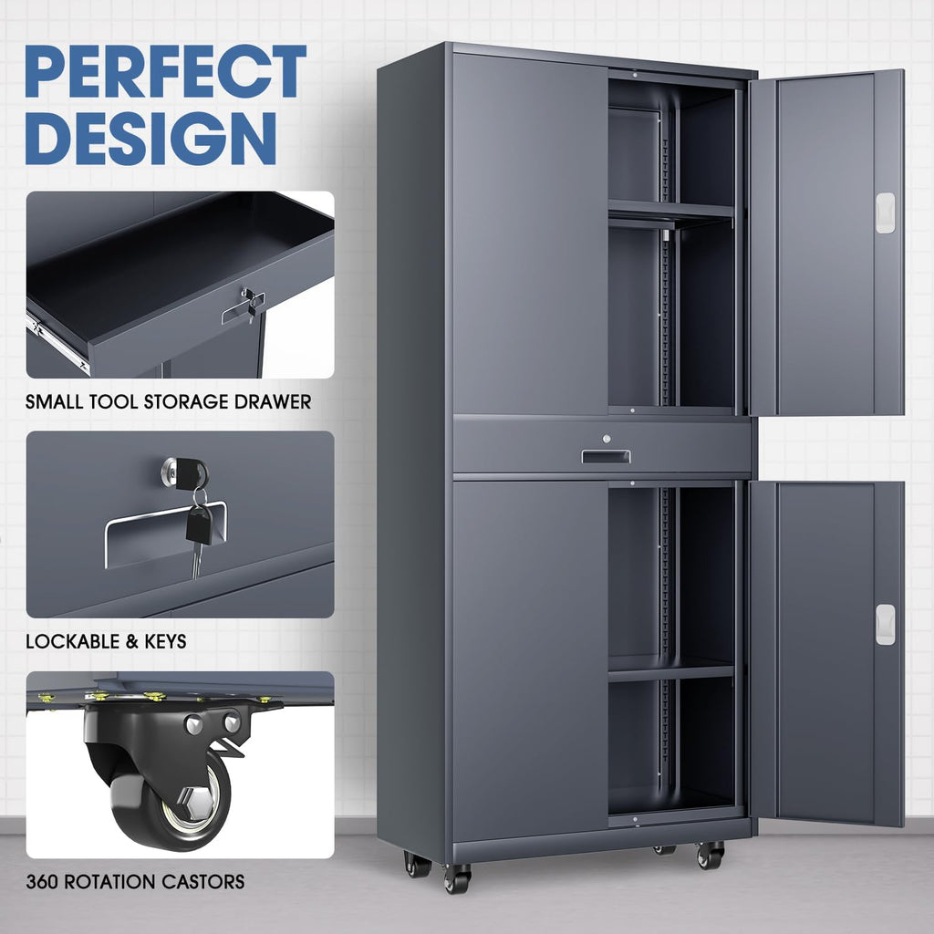 DNA Motoring 73'' Metal Storage Cabinet, Rolling Garage Cabinet with 1 Drawer and Adjustable Shelves, Lockable Heavy Duty Metal Locker for Garage,Office,Home,Gym, Gray, TOOLS-00630-GY-GY-A