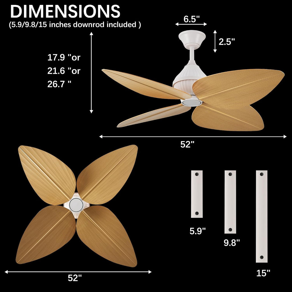 52' Ceiling Fan Without Lights, Tropical Ceiling Fans with APP and Remote Control, Indoor Palm Leaf Ceiling Fans for Living Room Bedroom Patios (Light Wood Grain)