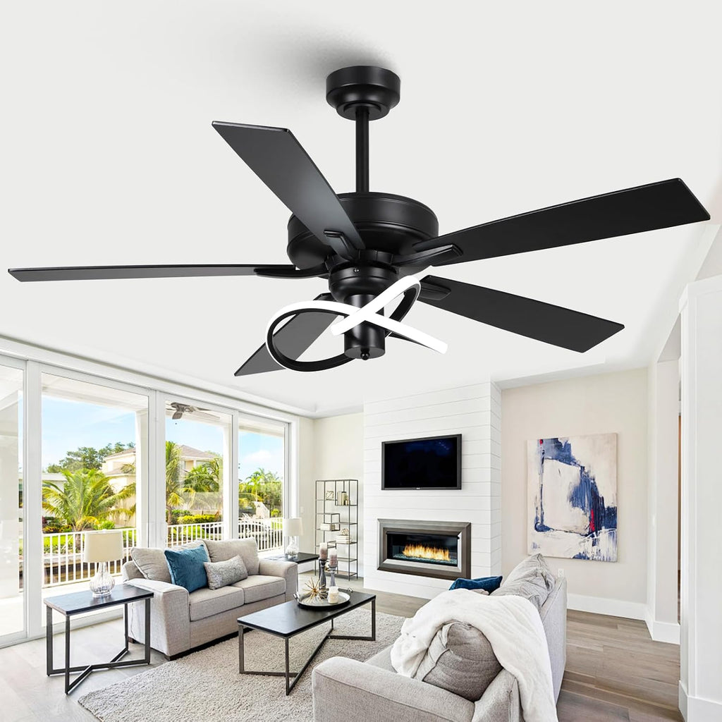 52 Inch Ceiling Fans with Lights and Remote - Creative Black Modern Ceiling Fan, 3CCT, 6 Speeds, Quiet, Dual-Sided Reversible 5 Blades Indoor Outdoor Chandelier Fan for Bedroom Living Room