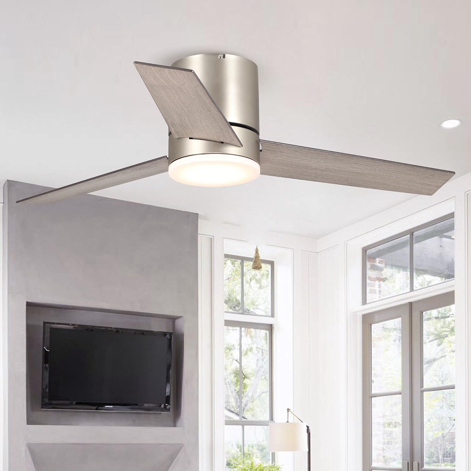 Low Profile Ceiling Fans with Lights and Remote, 48 Inch Bedroom Ceiling Fans Flush Mount, Indoor/Outdoor Fans for Patios, Reversible 3 Blades, Noiseless, Color Temp Adjusted, DOE ETL Tested (Nickel)