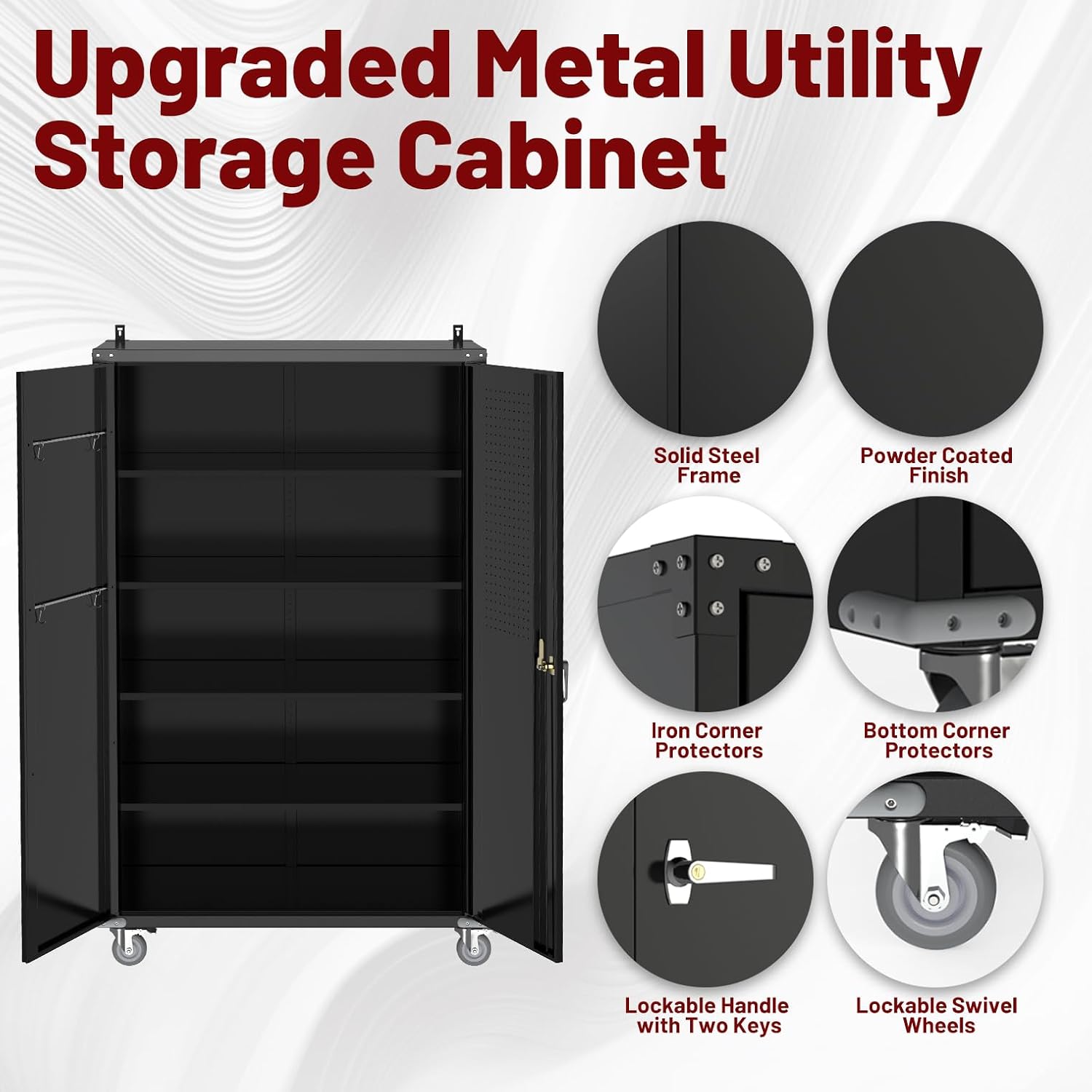 Tall & Wide Metal Garage Storage Cabinet with 4 Adjustable Shelves, 43''W x 22''D x 72''H with Wheels & Pegboards, Heavy Duty Lockable Garage Cabinet for Warehouse, Basement, Office, Gym
