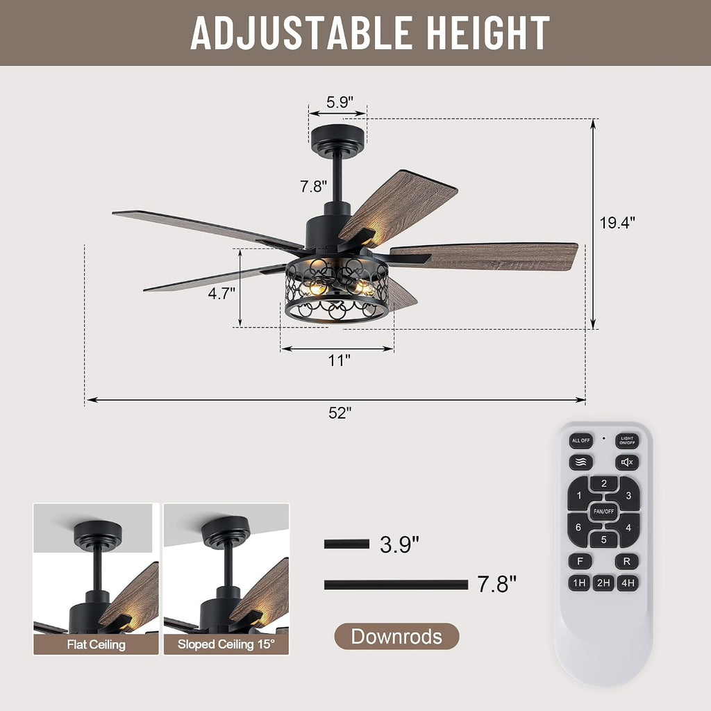 52' Farmhouse Ceiling Fans with Lights and Remote, Rustic Caged Ceiling Fan with Reversible DC Motor,5 Double Finish Wood Blades,6 Speeds,Chandelier Ceiling Fan for Living Room,Dining Room,Bedroom