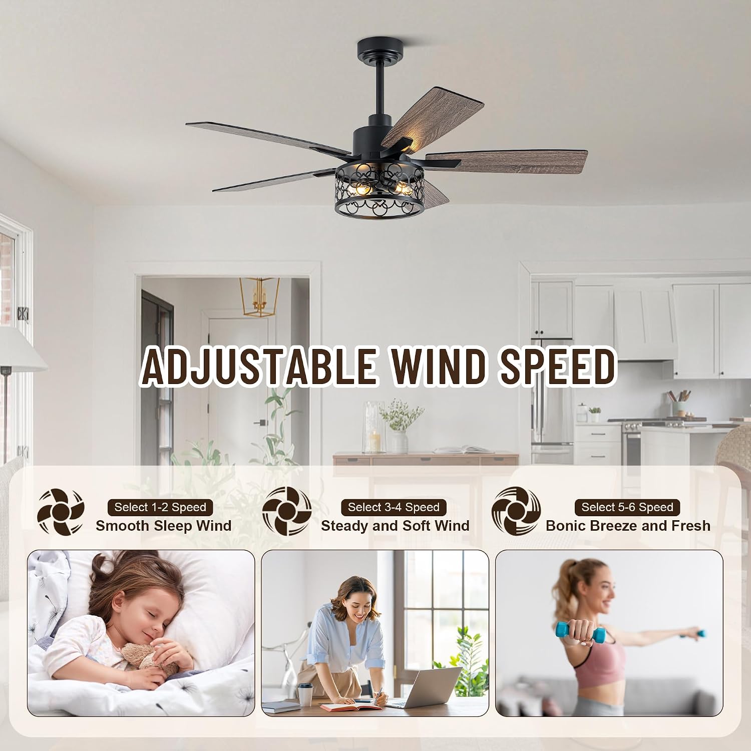 52' Farmhouse Ceiling Fans with Lights and Remote,Chandelier Ceiling Fan with Reversible DC Motor and 5 Double Finish Wood Blades,Rustic Caged Ceiling Fan for Living Room,Dining Room,Bedroom