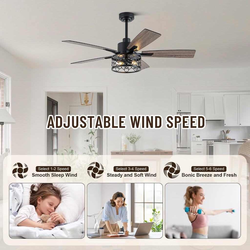 52' Farmhouse Ceiling Fans with Lights and Remote, Rustic Caged Ceiling Fan with Reversible DC Motor,5 Double Finish Wood Blades,6 Speeds,Chandelier Ceiling Fan for Living Room,Dining Room,Bedroom