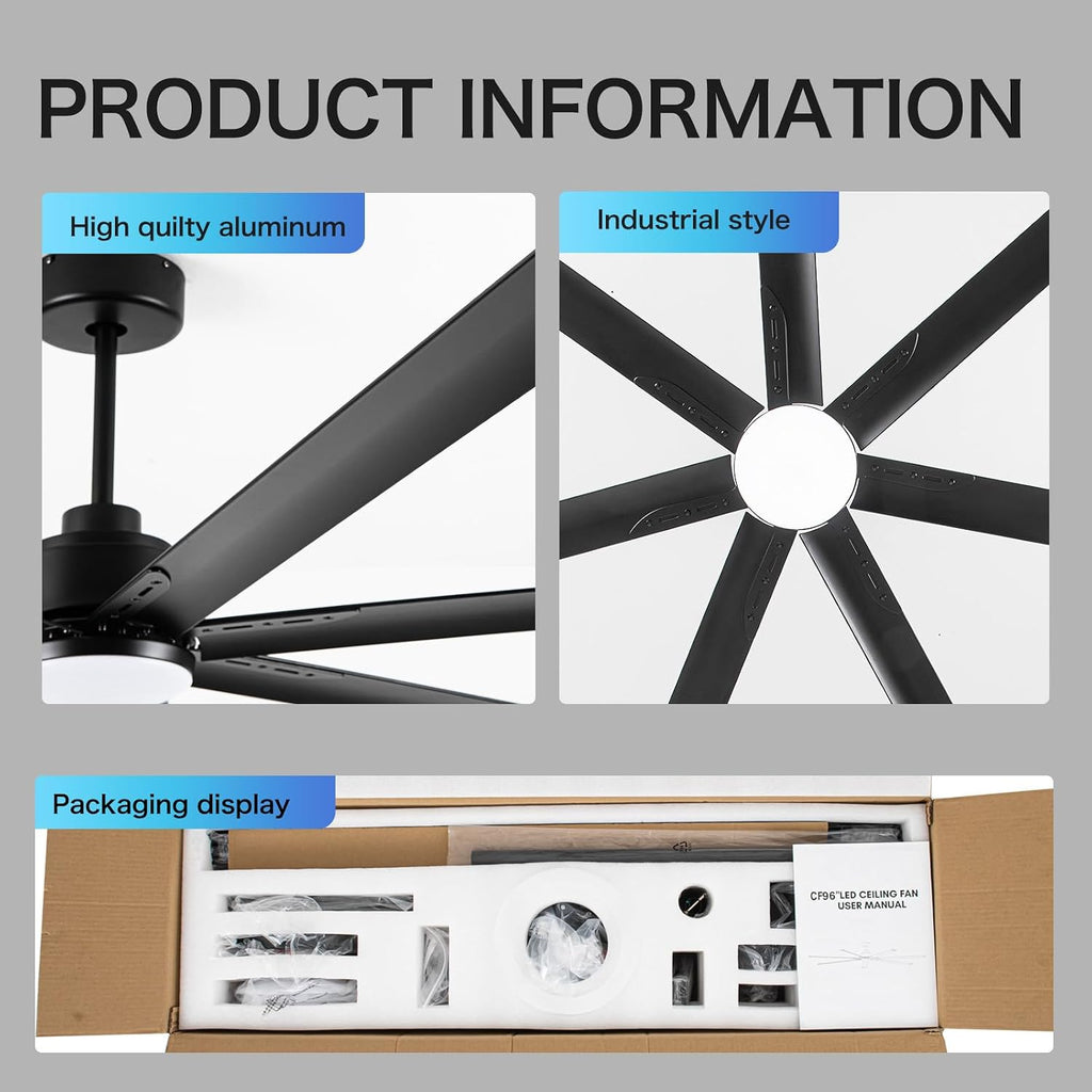 Minislak 96 Inch Industrial Ceiling Fans with Light,Black HVLS Ceiling Fan with 6 Speeds Reversible Motor,High CFM Indoor/Outdoor Ceiling Fan with 7 Aluminum Blades for Barn shop,Commercial