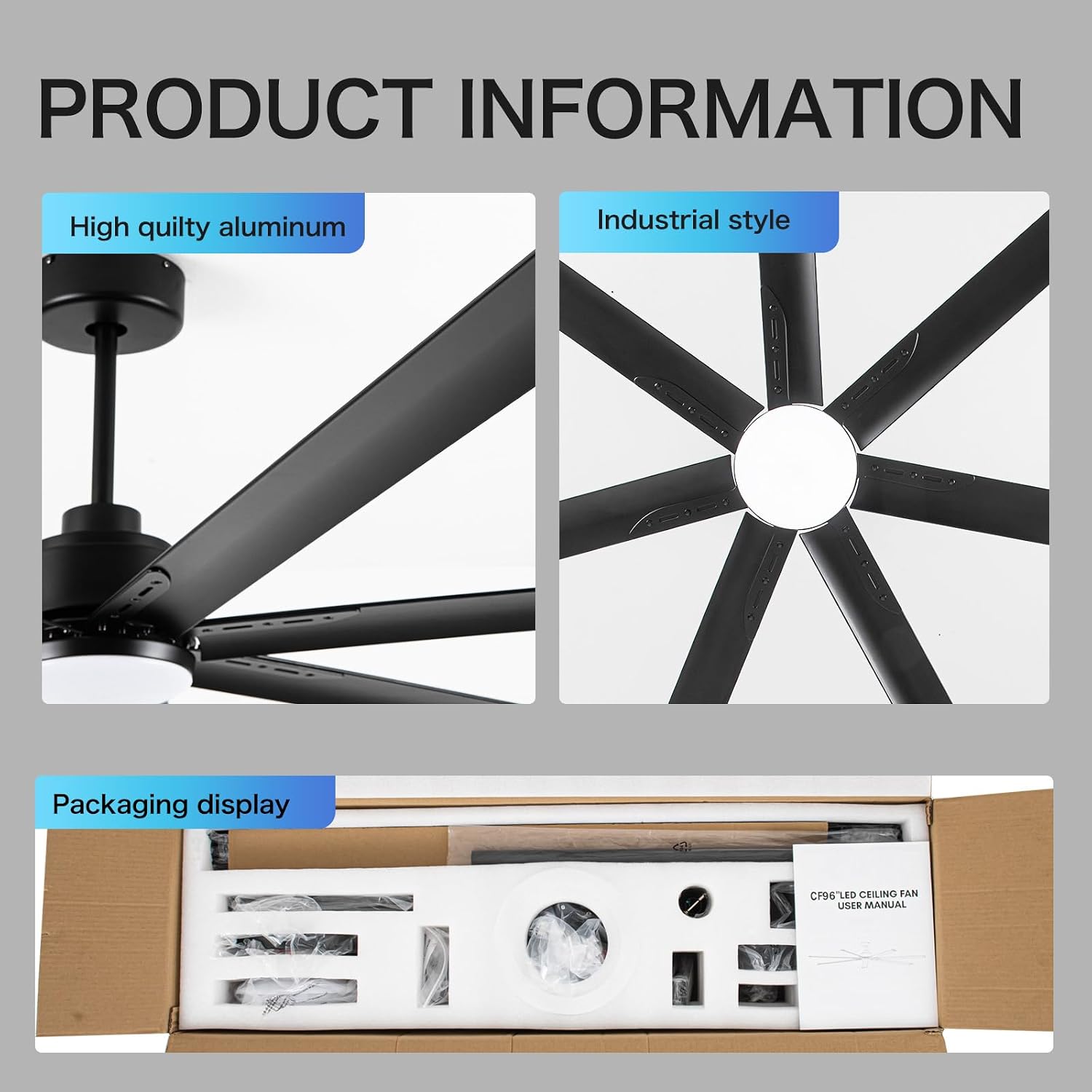 Minislak 96 Inch Industrial Ceiling Fans with Light,Black HVLS Ceiling Fan with 6 Speeds Reversible Motor,High CFM Indoor/Outdoor Ceiling Fan with 7 Aluminum Blades for Barn shop,Commercial