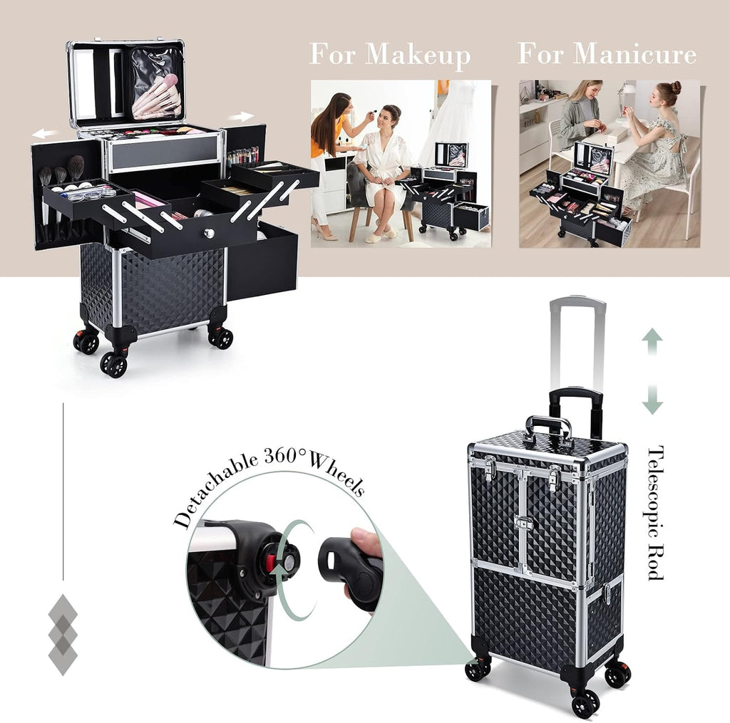 Professional Makeup Train Case Extendable Cosmetology Case on wheels | Rolling makeup station with a drawer and trays, ideal for makeup artists or dance competitions. Super organized.