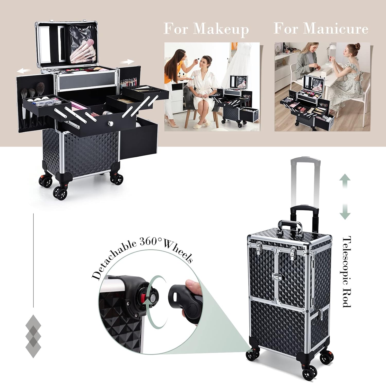 Professional Makeup Train Case Extendable Cosmetology Case on wheels | Rolling makeup station with a drawer and trays, ideal for makeup artists or dance competitions. Super organized.