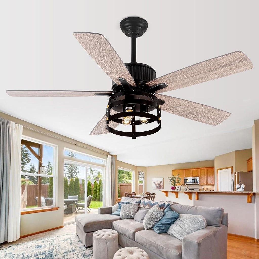 Farmhouse Rustic Ceiling Fan with Lights, 52 Inch Industrial Ceillng Fan Outdoor Ceiling Fan for Patio, Large Airflow Reversible Dual Finish Blades Rustic Fan for Indoor with Timing Function