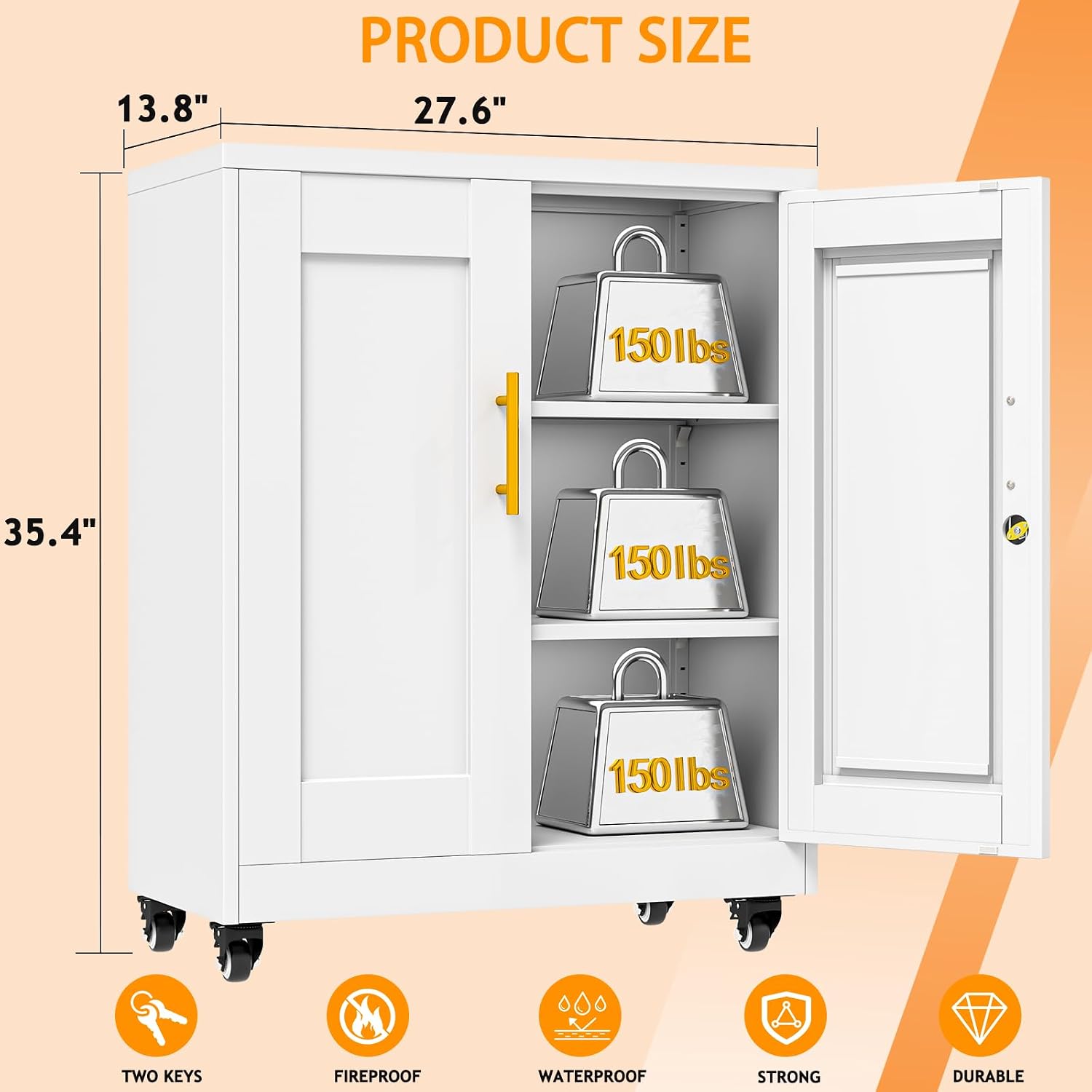 36 Inch Rolling Locking Storage Cabinet, 13.8' D x 27.6' W x 35.4' H, Metal Cabinet with 2 Adjustable Shelves and Wheels, Heavy-Duty Mobile Garage Storage Cabinet for Home, Office, Basement, White