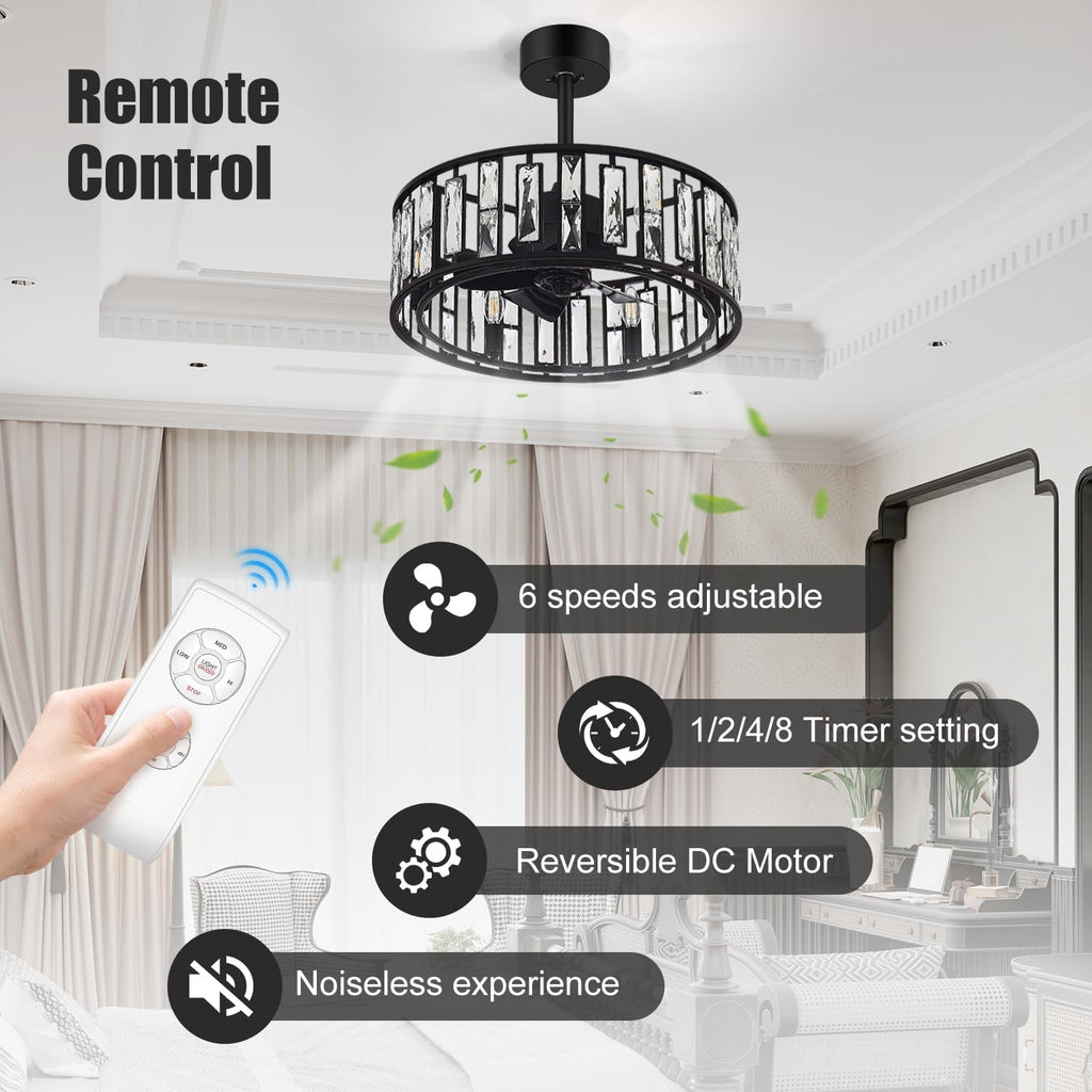 20' Small Caged Ceiling Fans with Lights and Remote, Industrial Enclosed Ceiling Fan Crystal Light with Reversible DC Motor, Bladeless Ceiling Fans for Bedroom Living Room (Black)