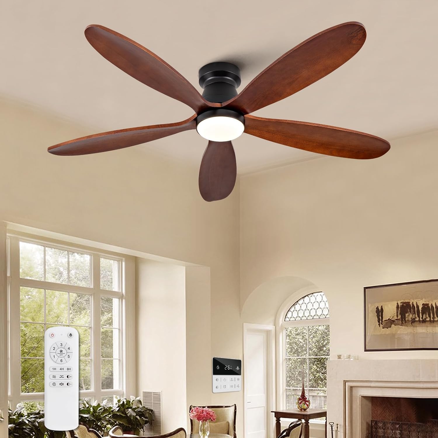 48 Inch Ceiling Fans with Lights and Remote, Low Profile Flush Mount Modern Ceiling Fan with Light, Indoor Outdoor Wood Ceiling Fan for Patio Dining Room, Wall Switch, 6 Speed DC Motor