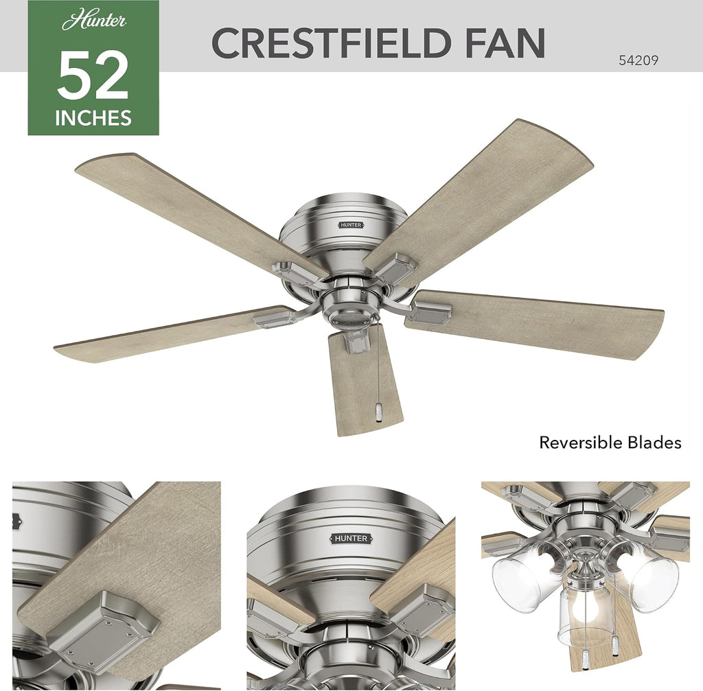 Hunter 52 inch Indoor Ceiling Fan with LED Lights and Pull Chain - Low Profile Flush Mount Ceiling Fan, 5 Blades, For Bedroom, Living Room, or Kitchen, Quiet - Crestfield 54209, Brushed Nickel