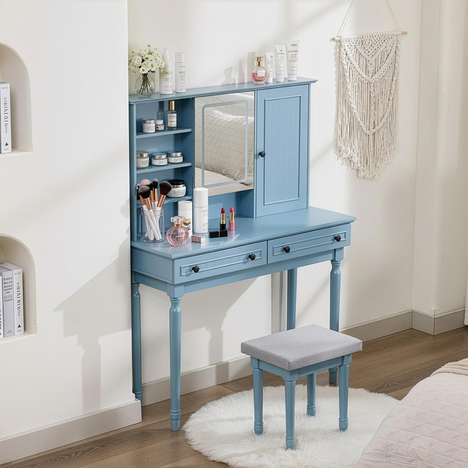 Scurrty Vintage Vanity Table Set with Stool, Color-Changing LED Mirror & Storage Organizer, Classic Wooden Dressing Makeup Desk for Bedroom (Blue)