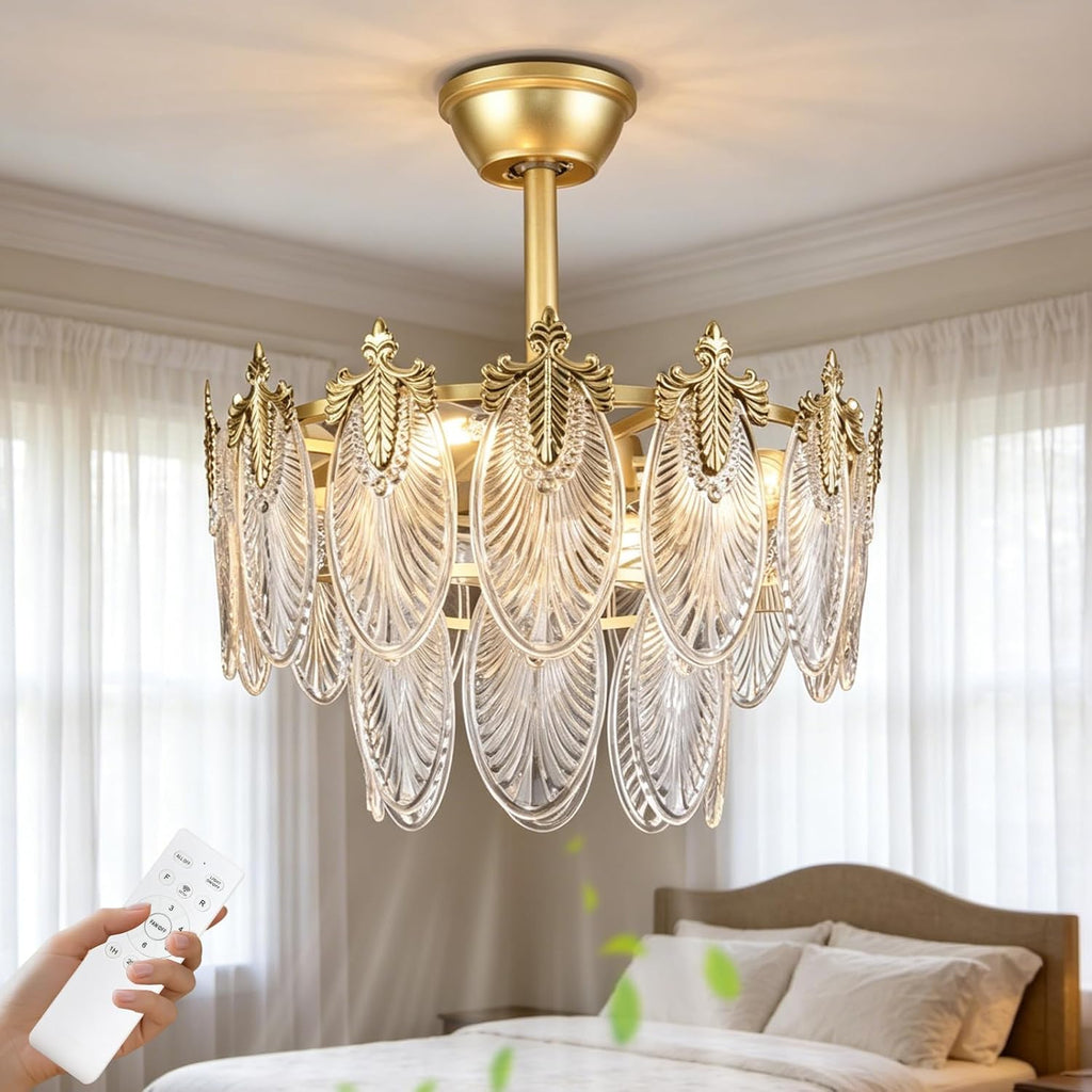 Depuley Bedroom Ceiling Fan with Lights: 20' Gold Chandelier Small Fan with Remote Control - Modern Crystal Fandelier for Girl's Bedroom Living Room Nursery (E26 Bulbs Not Included)