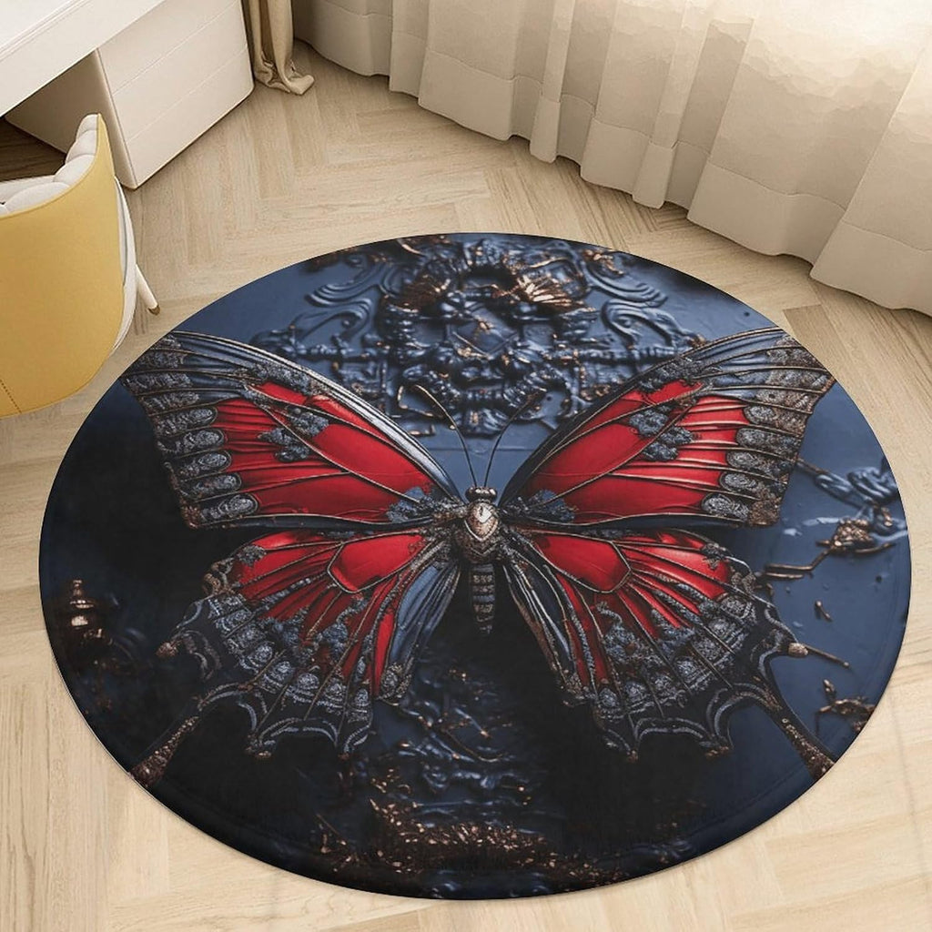 Red Butterfly Coral Velvet Round Floor Mat Non-Slip Bath Rug Floor Covering for Bathroom Vanity Guest Suite & Vacation Home