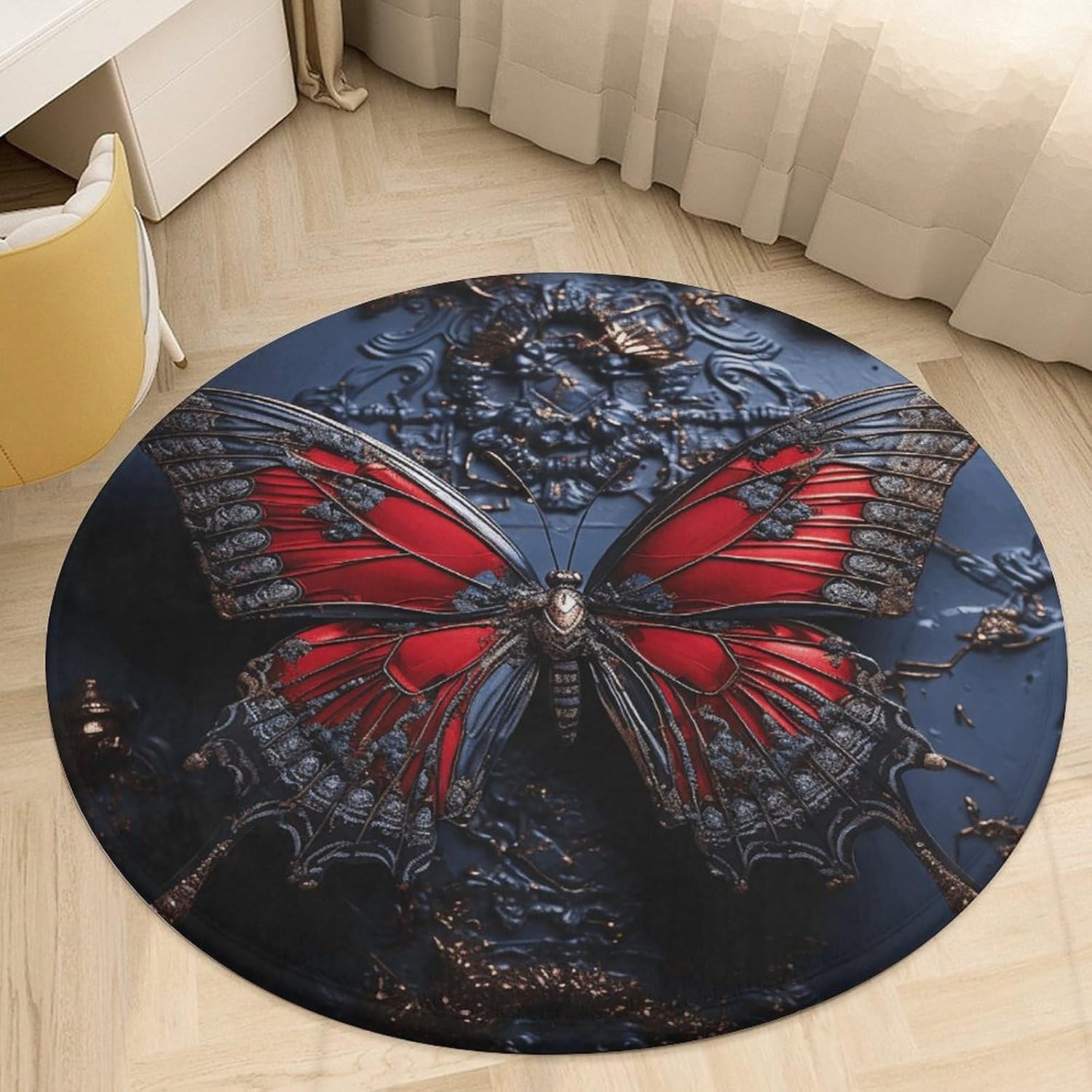 Red Butterfly Coral Velvet Round Floor Mat Non-Slip Bath Rug Floor Covering for Bathroom Vanity Guest Suite & Vacation Home
