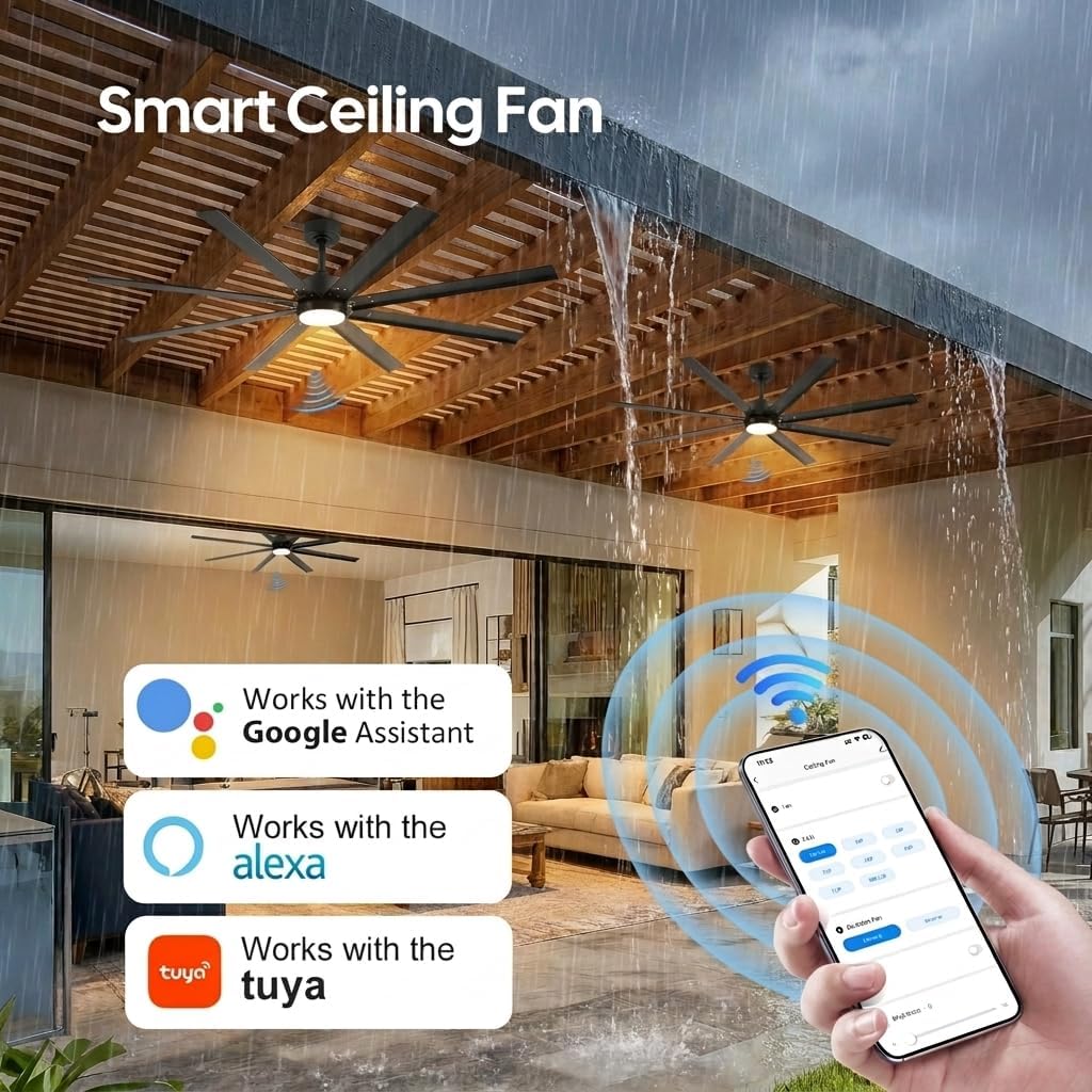 72 Inch Outdoor Smart Ceiling Fan with Lights, Waterproof All Weather Wet Rated, 8 Black Industrial Aluminum Blades, High CFM Quiet DC Motor, Alexa/App Control for Patio, Gazebo & Large Commercial