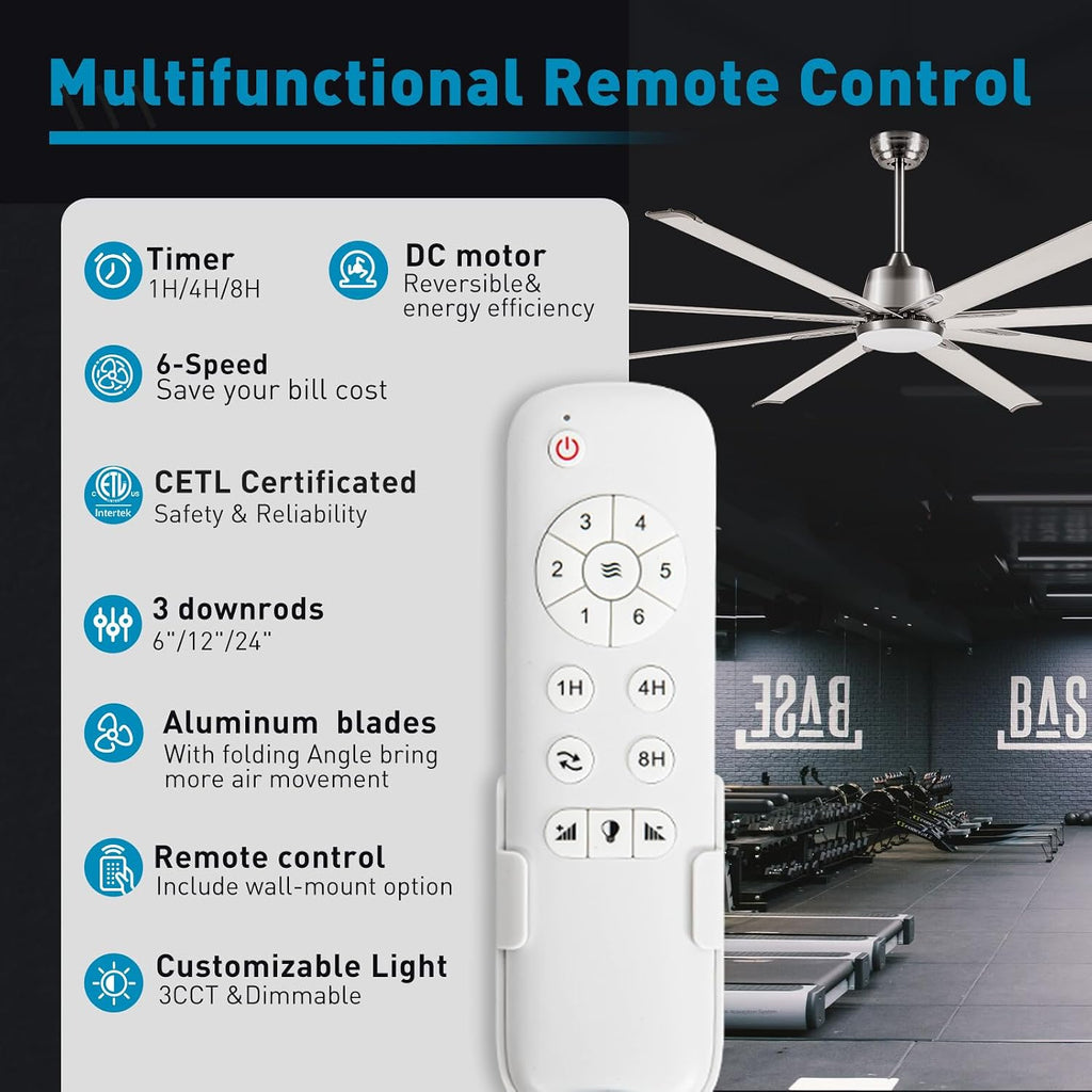 84 lnch lndustrial Celing Fan with Light and Remote Control,Large Celing Fan with 8 Brushed Nickel Aluminum Blades,6 Speed Noiseless DC Motor,Wet Rated Indoor Outdoor Ceiling Fans for Patio,Garage.